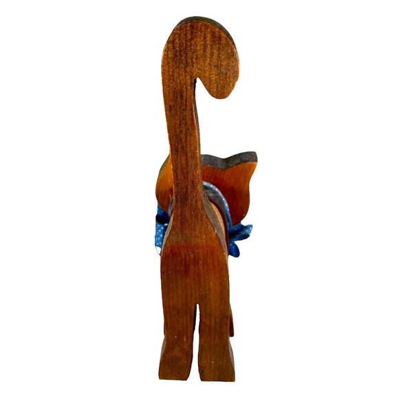 Vtg Wooden Cat Folk Art Hand Painted Shelf Sitter Blue Ribbon Eyelashes Whiskers - Picture 4 of 9